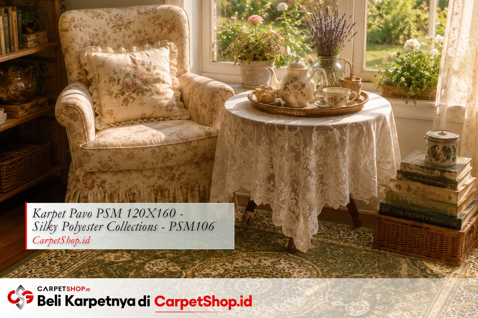 Sudut teh Cottagecore dengan Karpet Pavo PSM 120X160 Silky Polyester PSM106