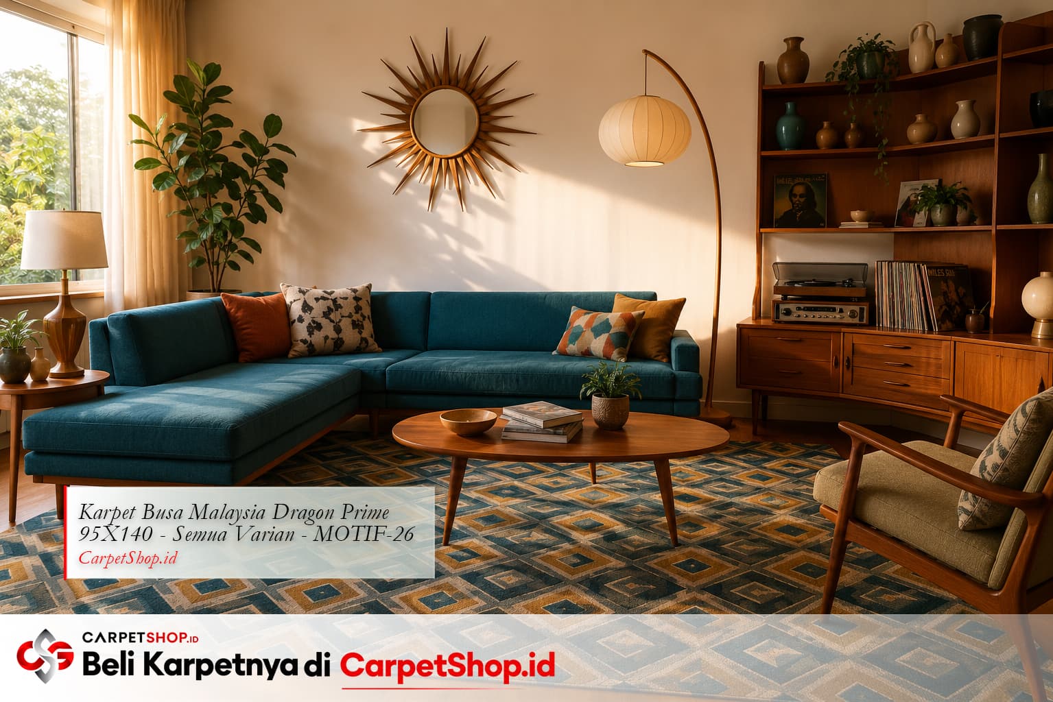 Ruang keluarga Mid-Century Modern dengan Karpet Dragon Prime 95X140 MOTIF-26