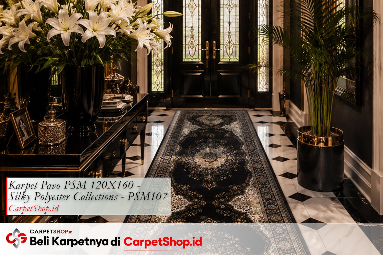 Foyer desain interior Hollywood Regency grand dengan Karpet Pavo PSM 120X160 Silky Polyester PSM107