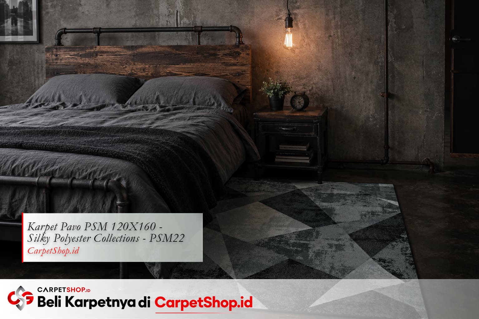 Kamar tidur industrial dengan Karpet Pavo PSM 120X160 Silky Polyester PSM22 charcoal