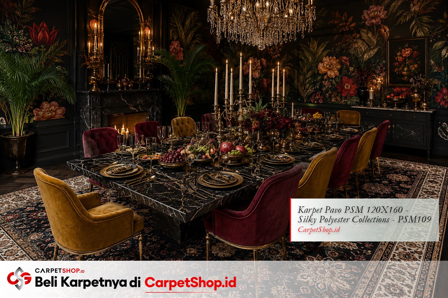 Ruang makan maximalist grand dengan Karpet Pavo PSM 120X160 Silky Polyester PSM109