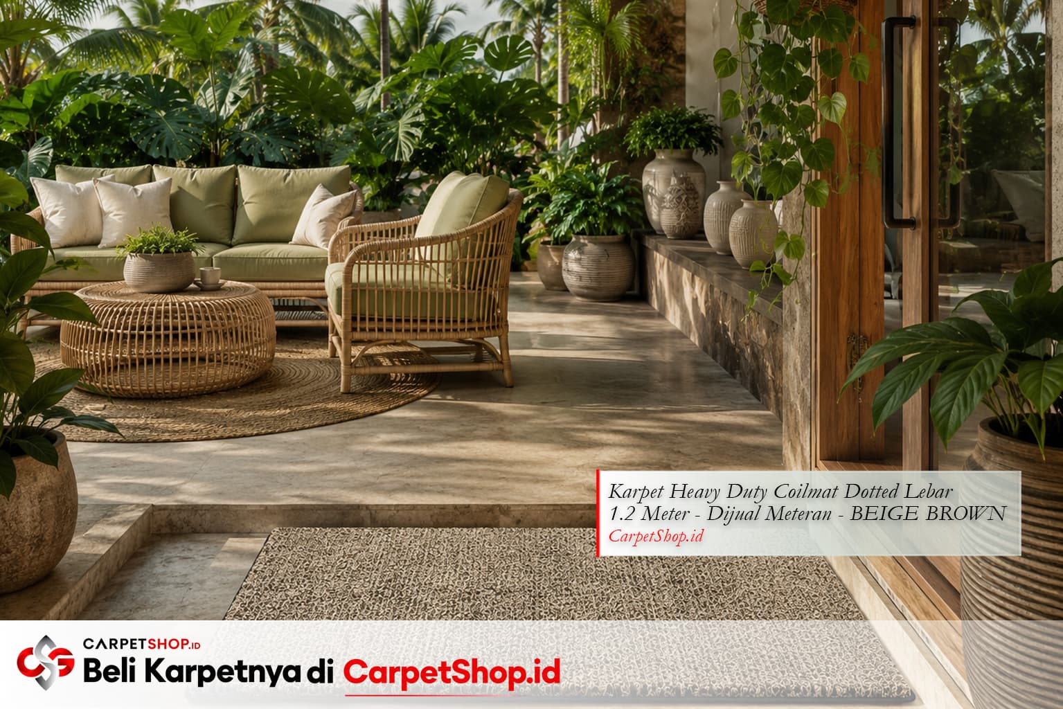 Teras tropis modern dengan Karpet Heavy Duty Coilmat Beige Brown anti air