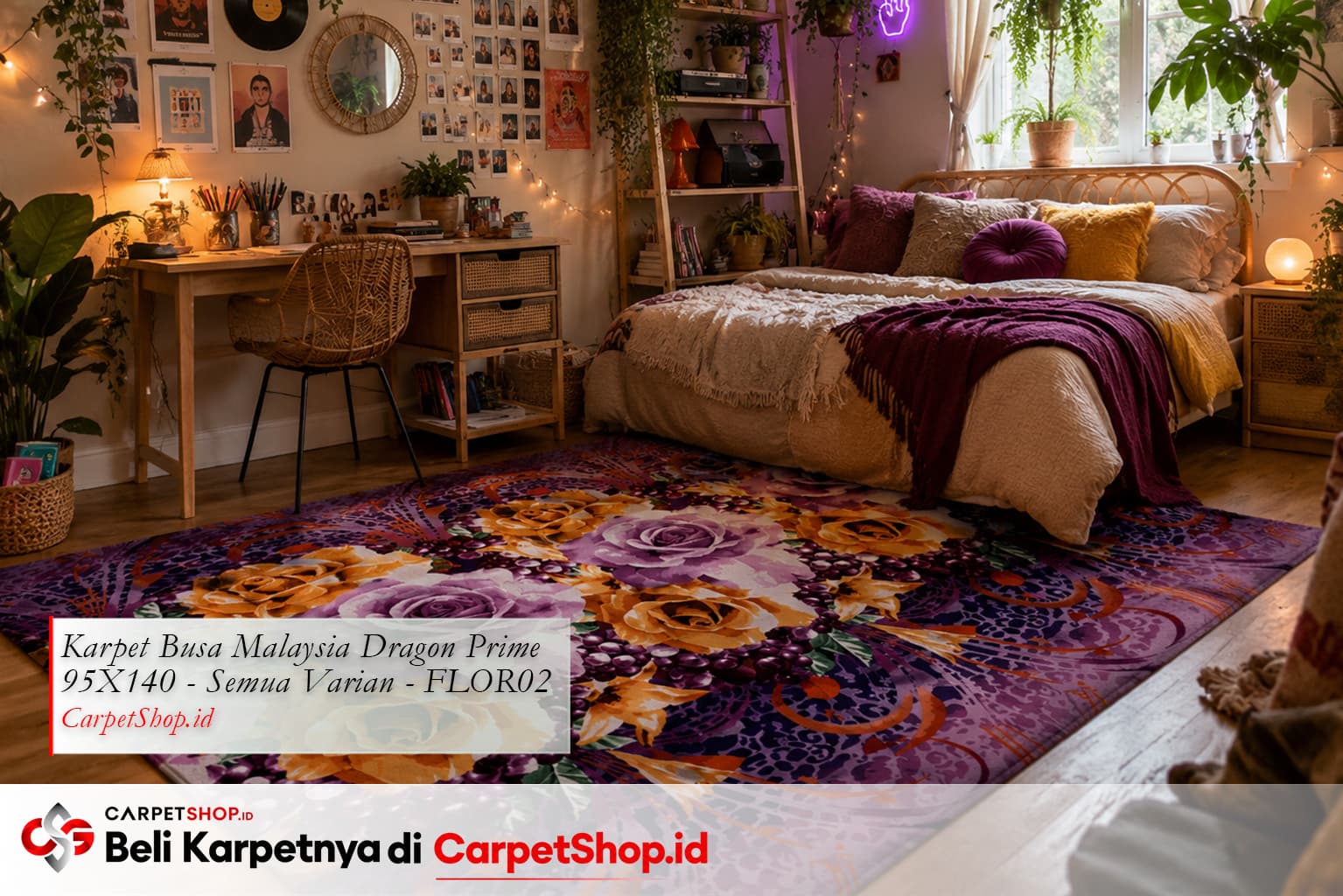 Kamar remaja Bohemian expressive dengan Karpet Dragon Prime 95X140 FLOR02 motif bunga ungu
