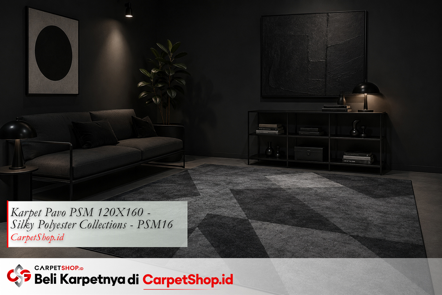 Kombinasi karpet charcoal dengan dinding abu menggunakan Karpet Pavo PSM 120X160 Silky Polyester PSM16