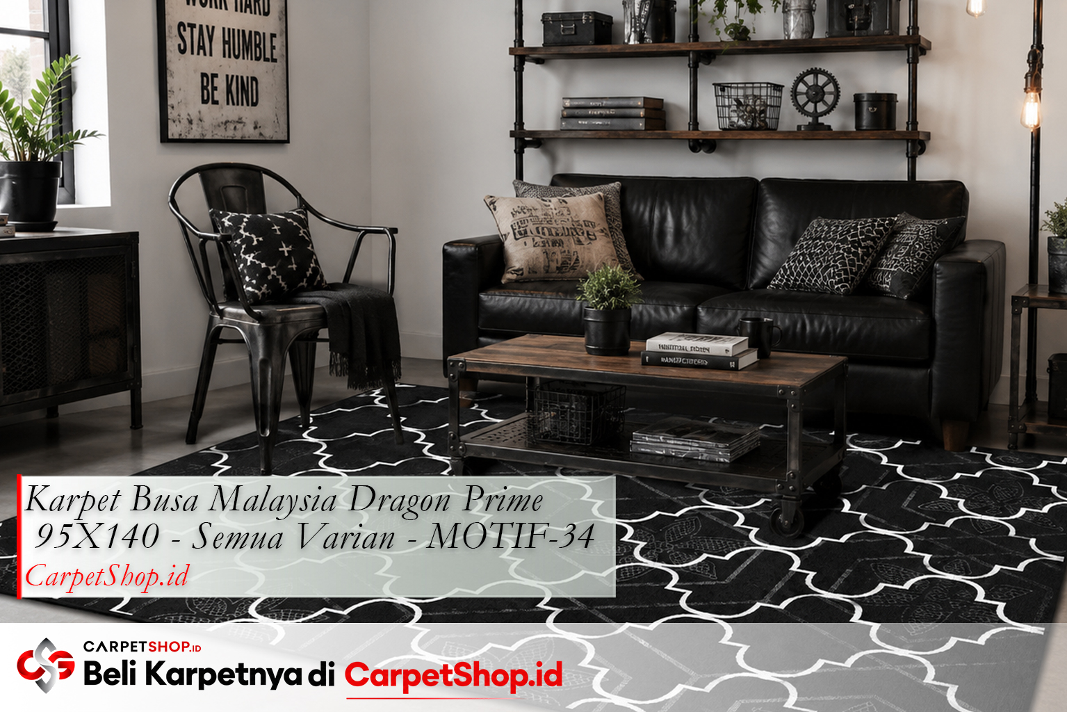 Kombinasi karpet trellis hitam dengan dinding putih menggunakan Karpet Dragon Prime 95X140 MOTIF-34