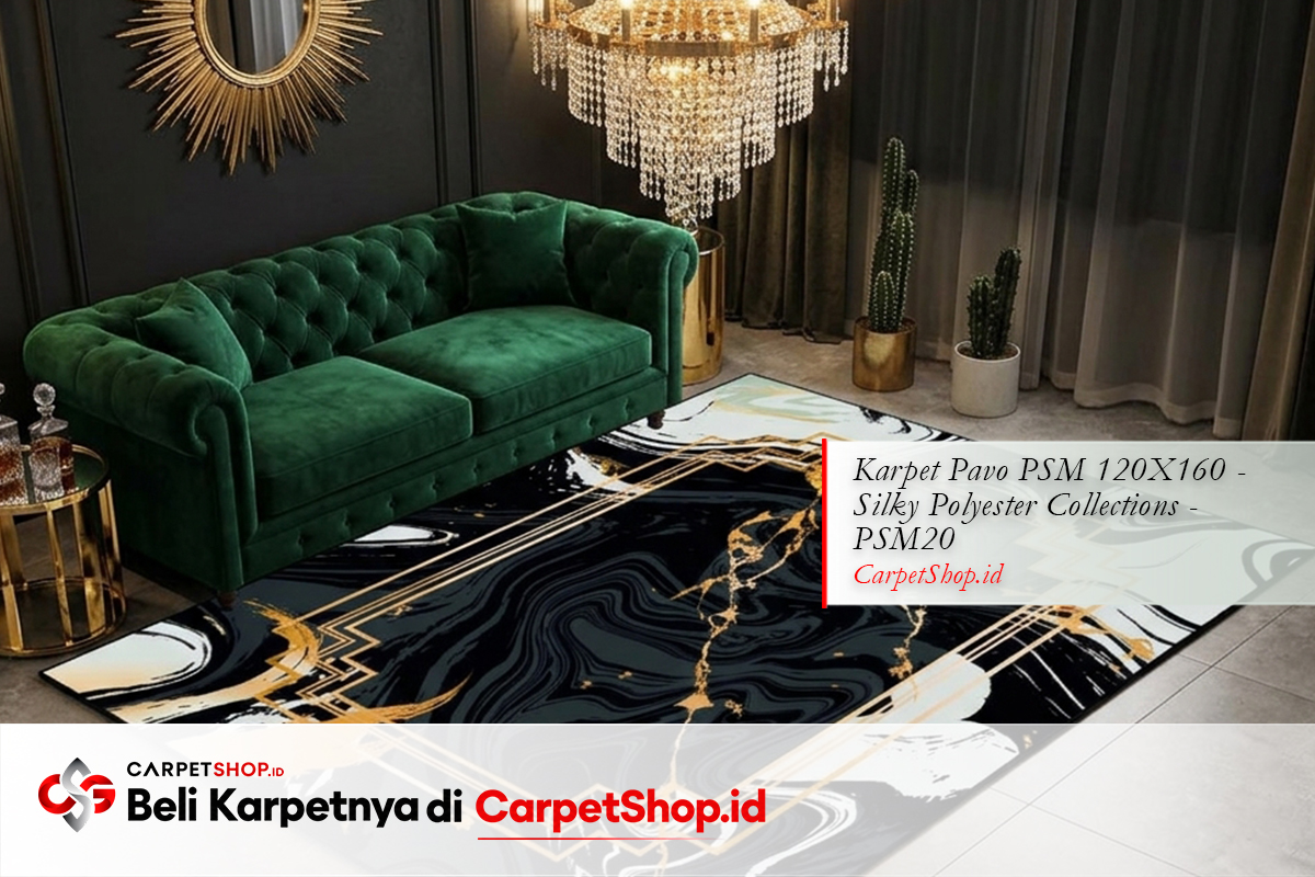 Karpet warna hitam emas mewah untuk ruang keluarga dengan Karpet Pavo PSM 120X160 Silky Polyester PSM20