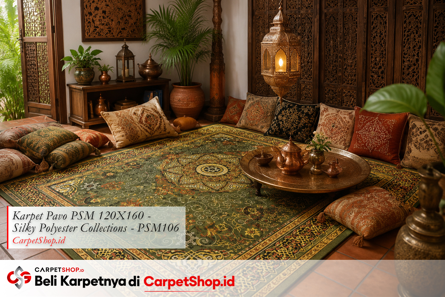 Karpet motif Persian hijau earthy untuk ruang lesehan, Karpet Pavo PSM 120X160 Silky Polyester PSM106