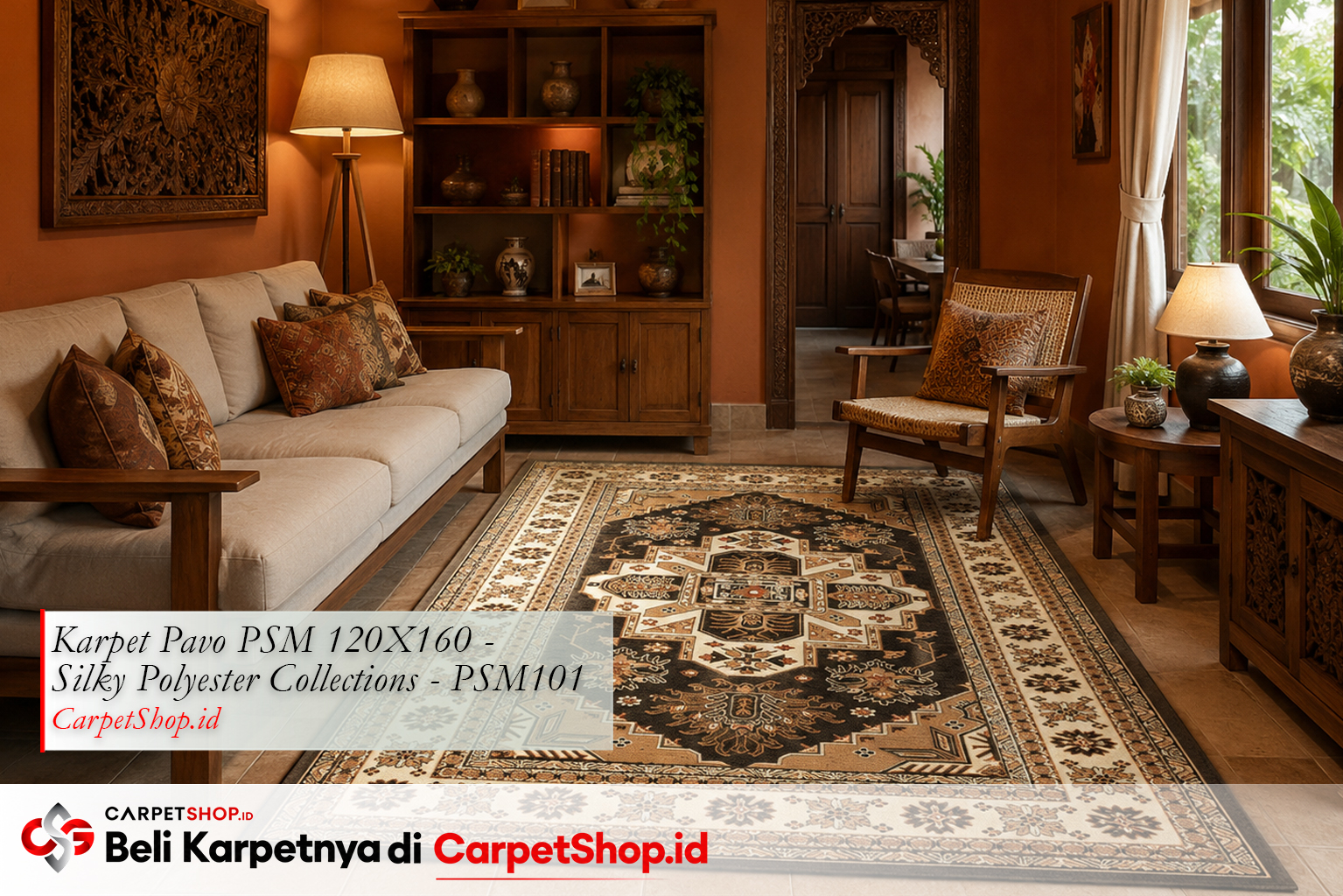 Kombinasi karpet Persian beige dengan dinding terracotta menggunakan Karpet Pavo PSM 120X160 Silky Polyester PSM101