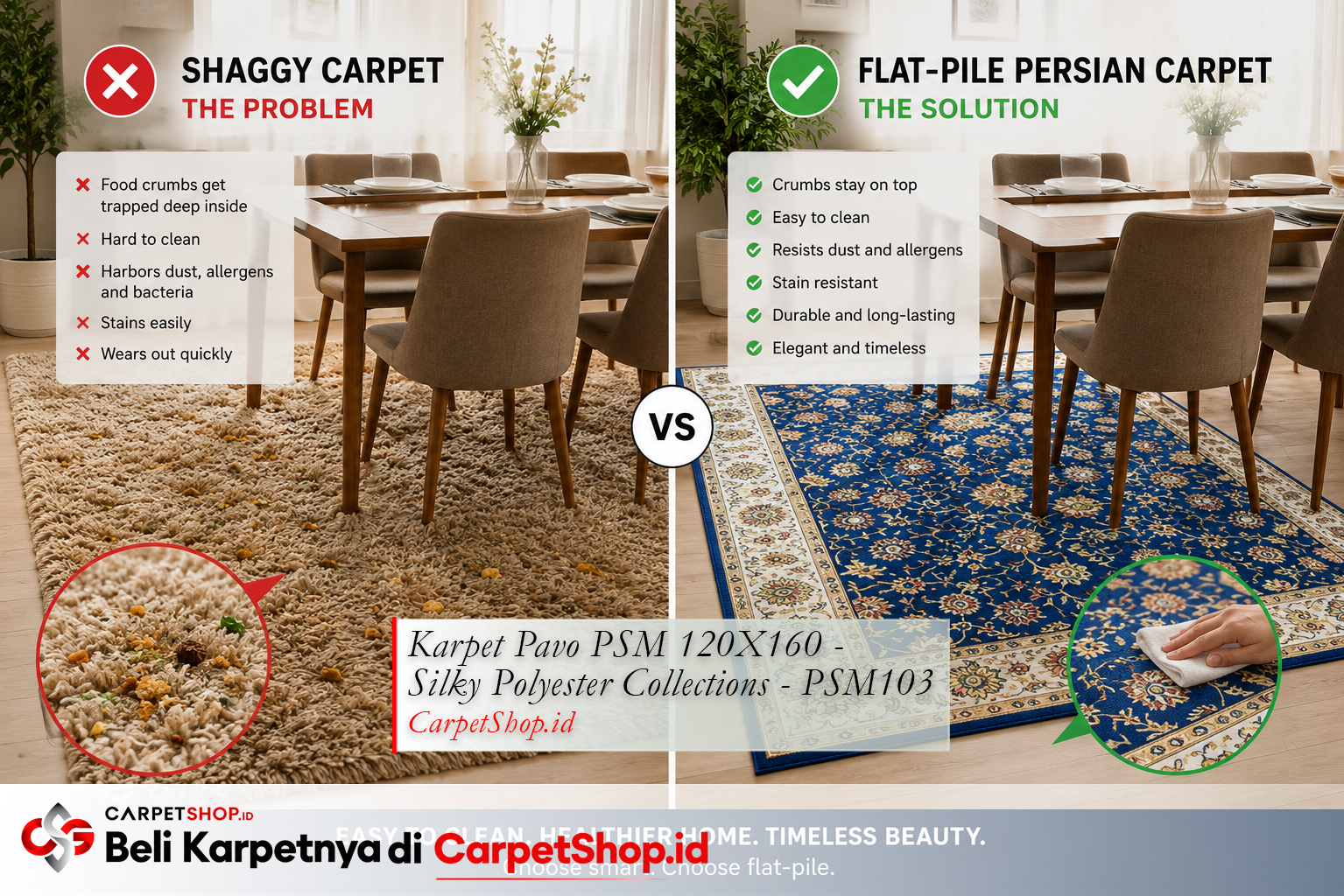 Kesalahan pilih karpet shaggy di area makan -- gunakan Karpet Pavo PSM 120X160 PSM103 yang practical