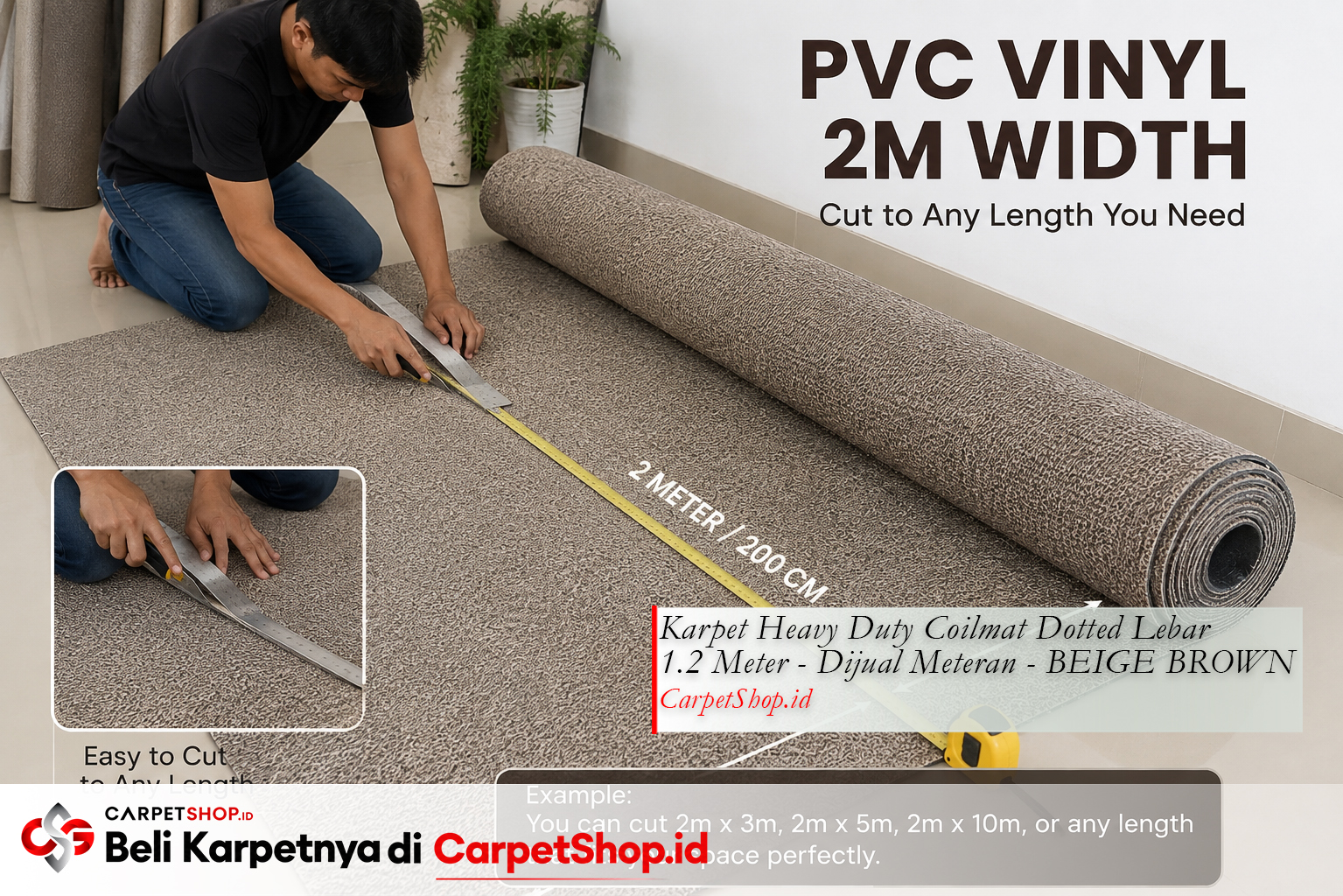 Ukuran roll PVC Vinyl 2x20m cara potong — Karpet PVC Vinyl dibandingkan dengan Coilmat Beige Brown