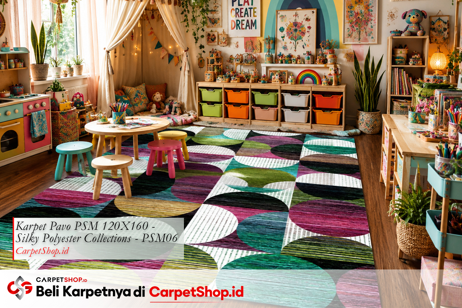 Ruang bermain anak Bohemian kreatif dengan Karpet Pavo PSM 120X160 Silky Polyester PSM06
