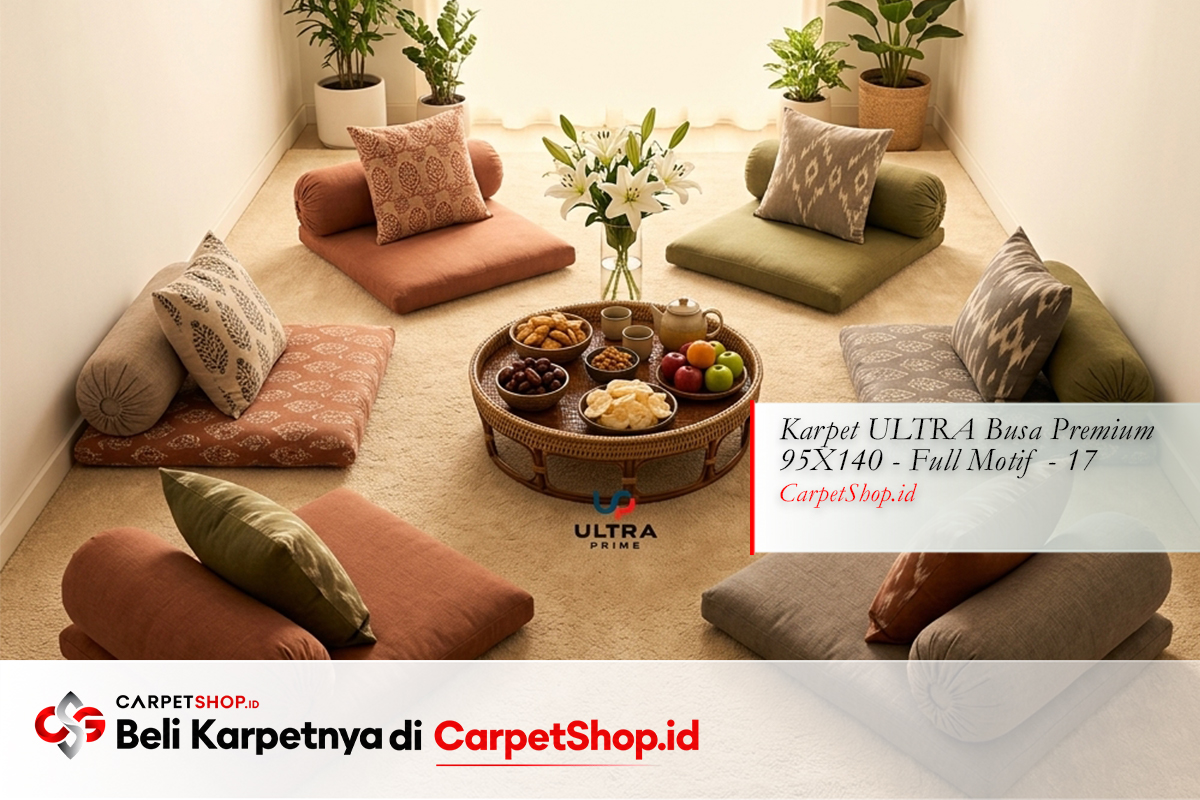 Lesehan keluarga kecil karpet ruang sempit memanjang dengan Karpet ULTRA Busa Premium 95X140 Full Motif 17