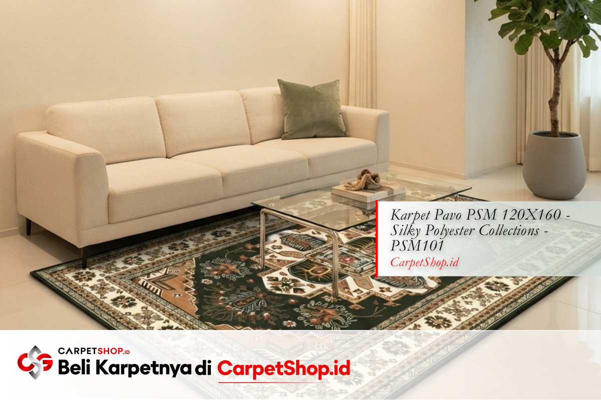 Karpet Persian beige di lantai keramik putih dengan Karpet Pavo PSM 120X160 Silky Polyester PSM101