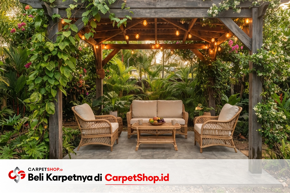 Gazebo pergola outdoor coverage luas dengan Karpet PVC Vinyl 2x20m Korea
