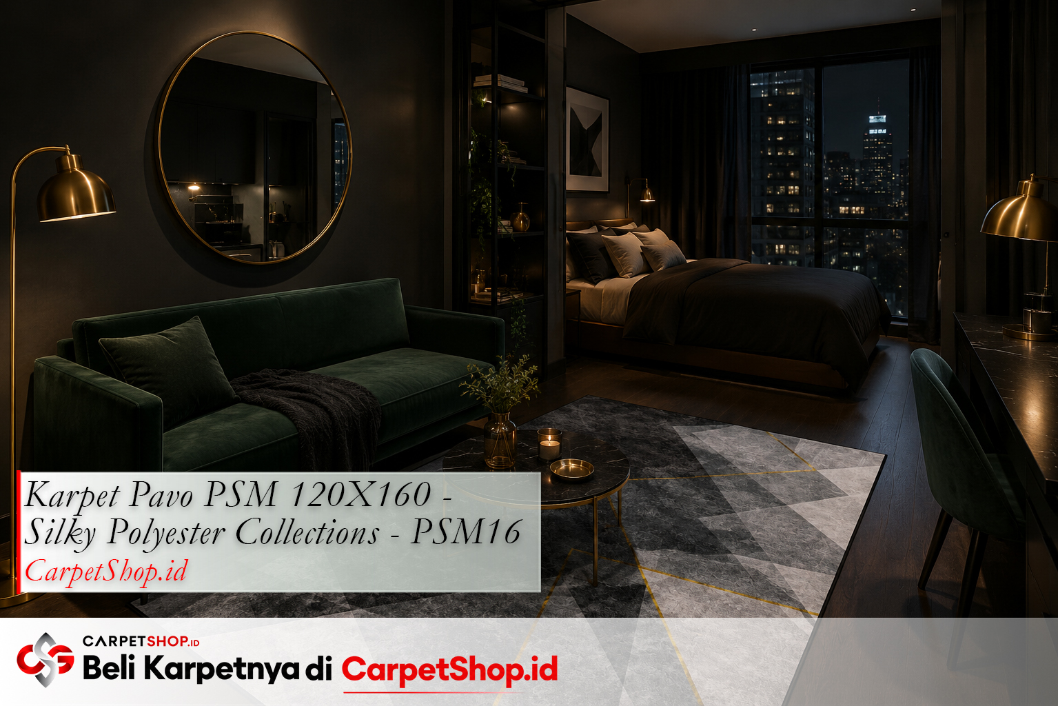 Apartemen studio dark moody premium dengan Karpet Pavo PSM 120X160 Silky Polyester PSM16