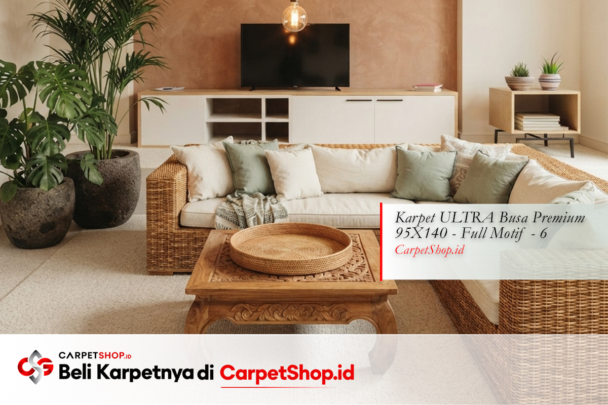 Ruang keluarga desain interior Bali Modern tropis hangat dengan Karpet ULTRA Busa Premium 95X140 Full Motif 6