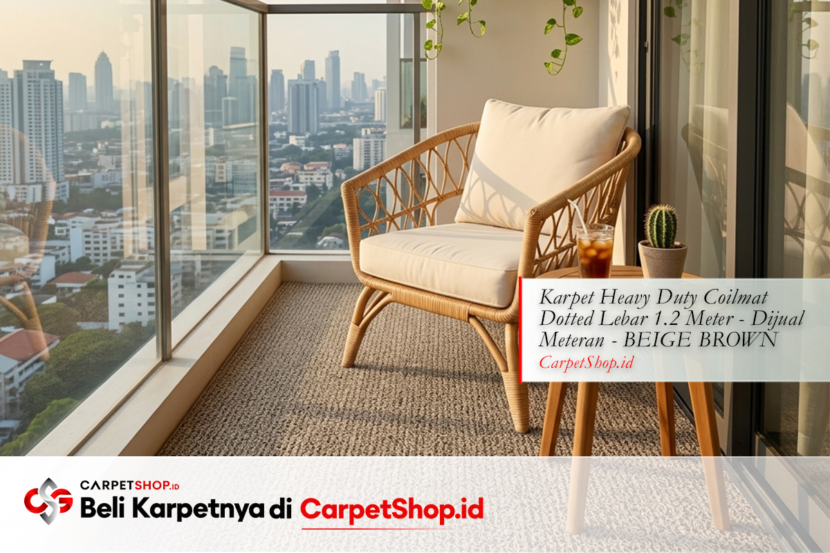 Balkon dengan kursi dan keset beige sebagai area duduk outdoor dengan Karpet Heavy Duty Coilmat Dotted Beige Brown