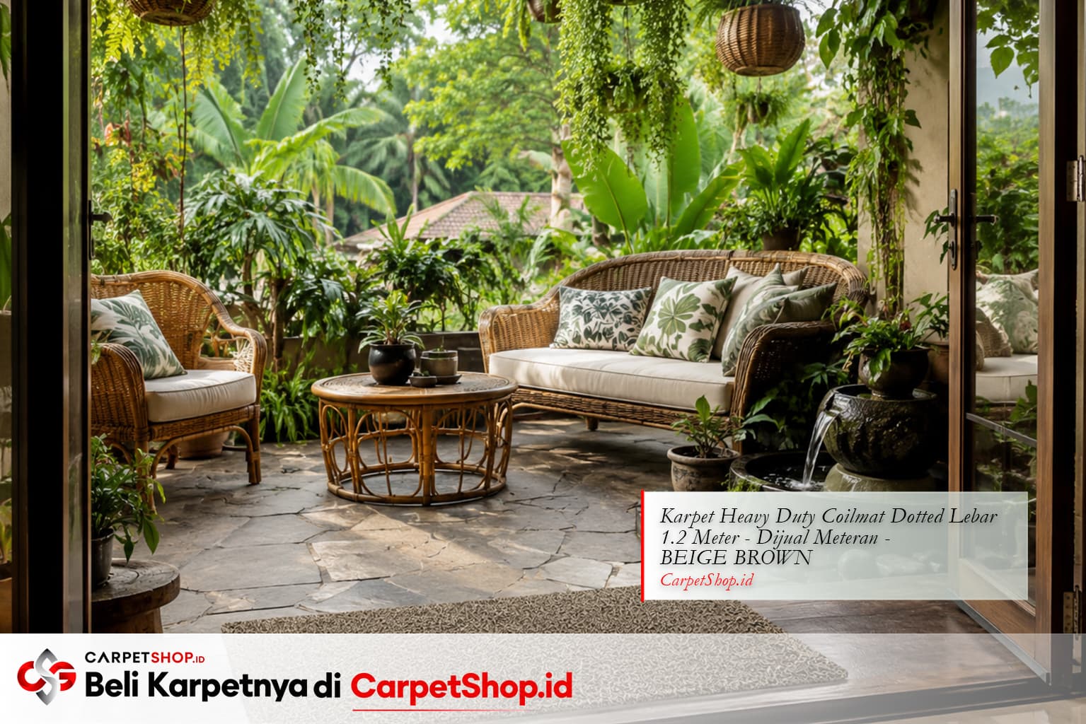 Teras Biophilic dengan Karpet Heavy Duty Coilmat Beige Brown natural