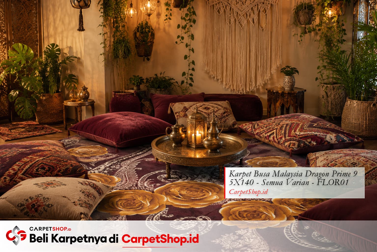 Ruang lesehan Eclectic dengan Karpet Dragon Prime 95X140 FLOR01 motif bunga emas