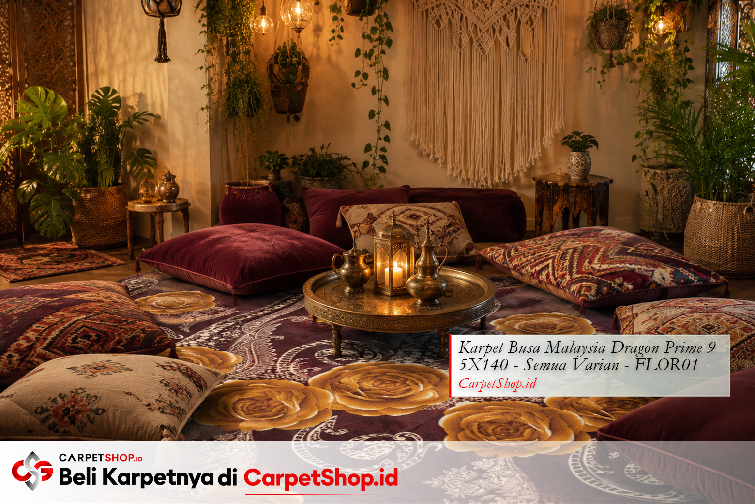 Ruang lesehan Eclectic dengan Karpet Dragon Prime 95X140 FLOR01 motif bunga emas