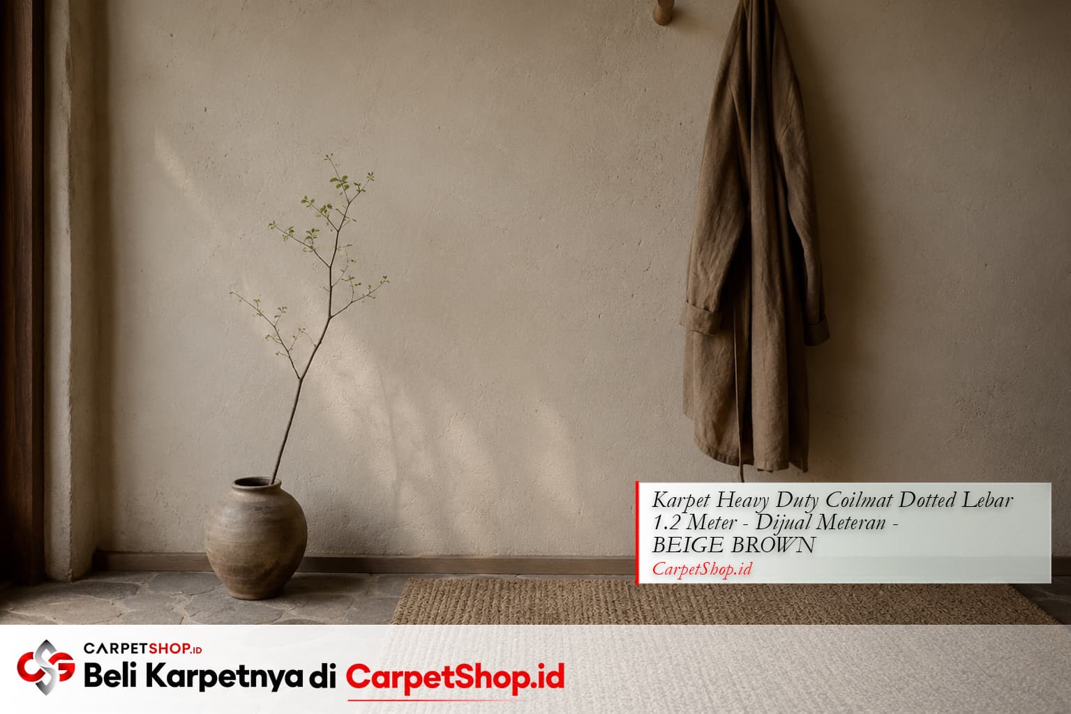 Foyer Wabi-Sabi dengan Karpet Heavy Duty Coilmat Dotted Beige Brown