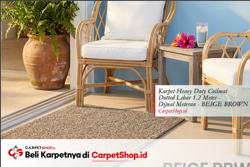 Keset beige natural cocok untuk area coastal dengan dinding biru dengan Karpet Heavy Duty Coilmat Dotted Beige Brown