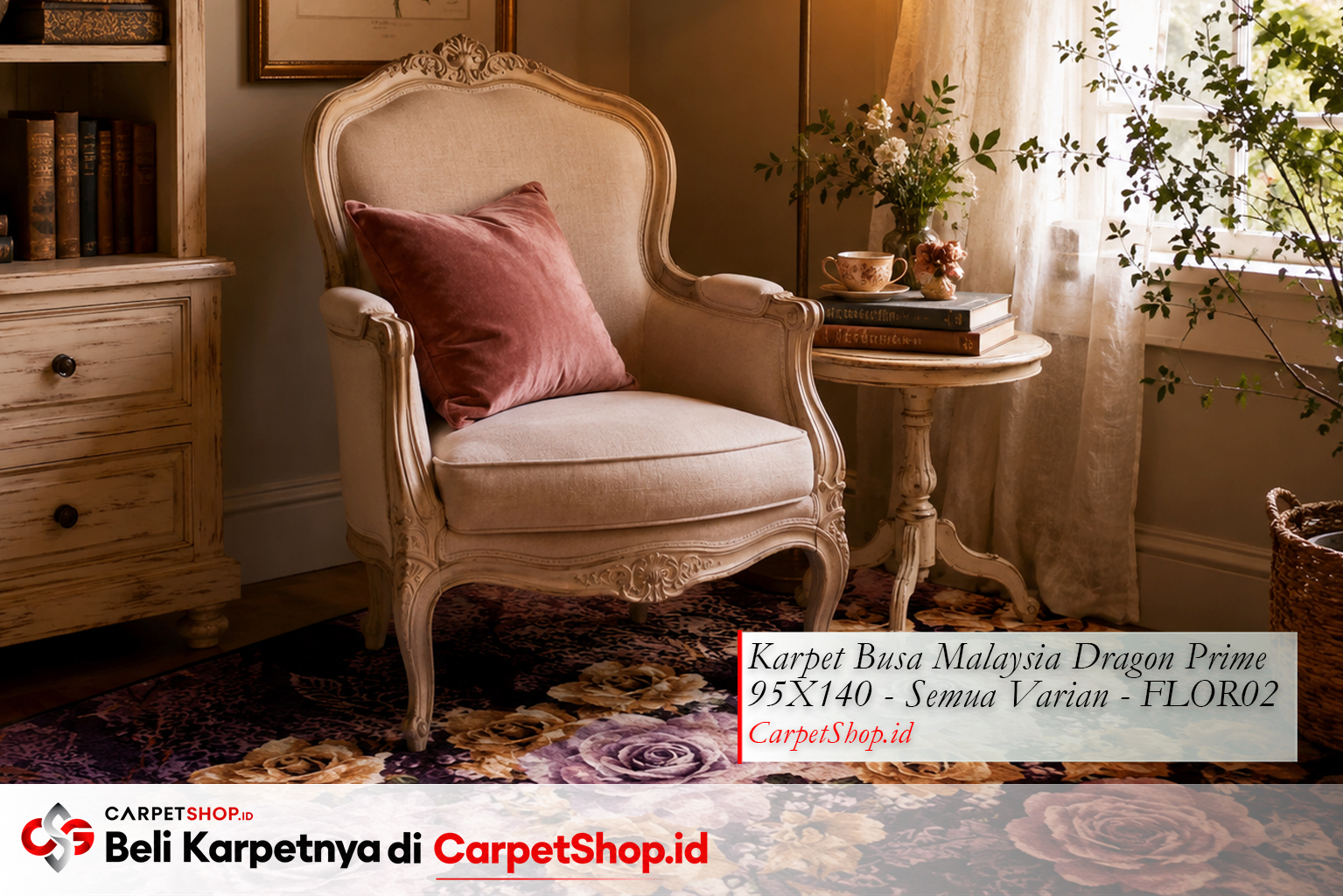 Ruang baca desain interior French Country romantis dengan Karpet Dragon Prime 95X140 FLOR02