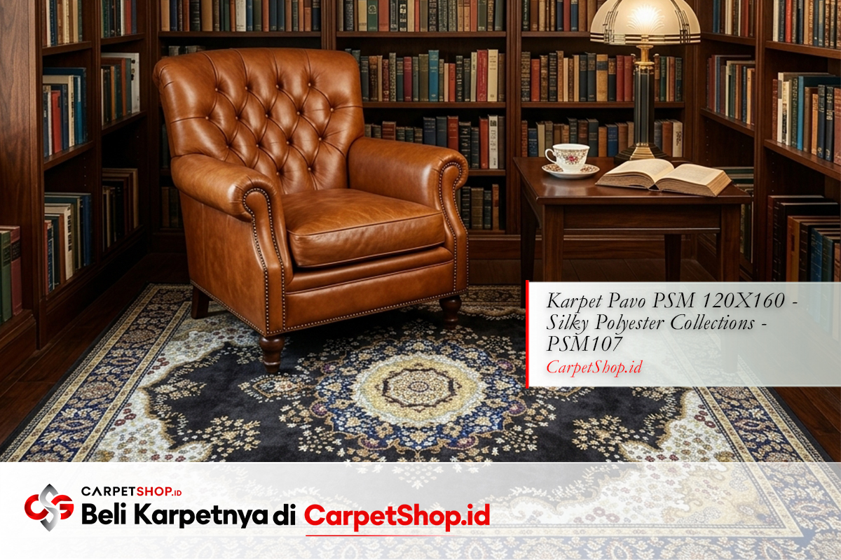 Ruang baca grandmillennial perpustakaan pribadi dengan Karpet Pavo PSM 120X160 Silky Polyester PSM107