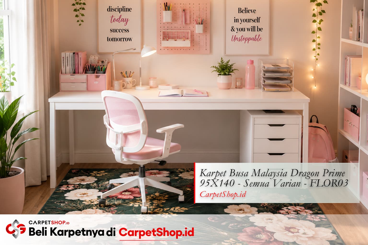 Area belajar anak perempuan dengan Karpet Dragon Prime 95X140 FLOR03 motif bunga