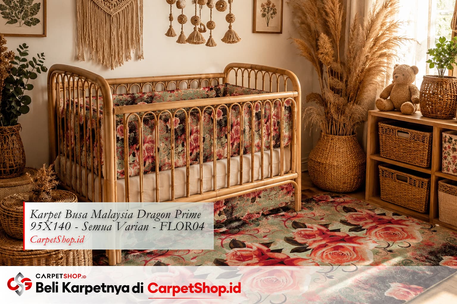 Kamar bayi Bohemian dengan Karpet Dragon Prime 95X140 FLOR04 motif bunga
