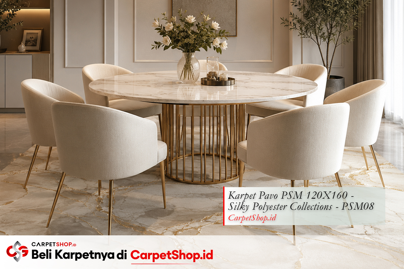Karpet marble effect cream emas untuk ruang makan elegan, Karpet Pavo PSM 120X160 Silky Polyester PSM08