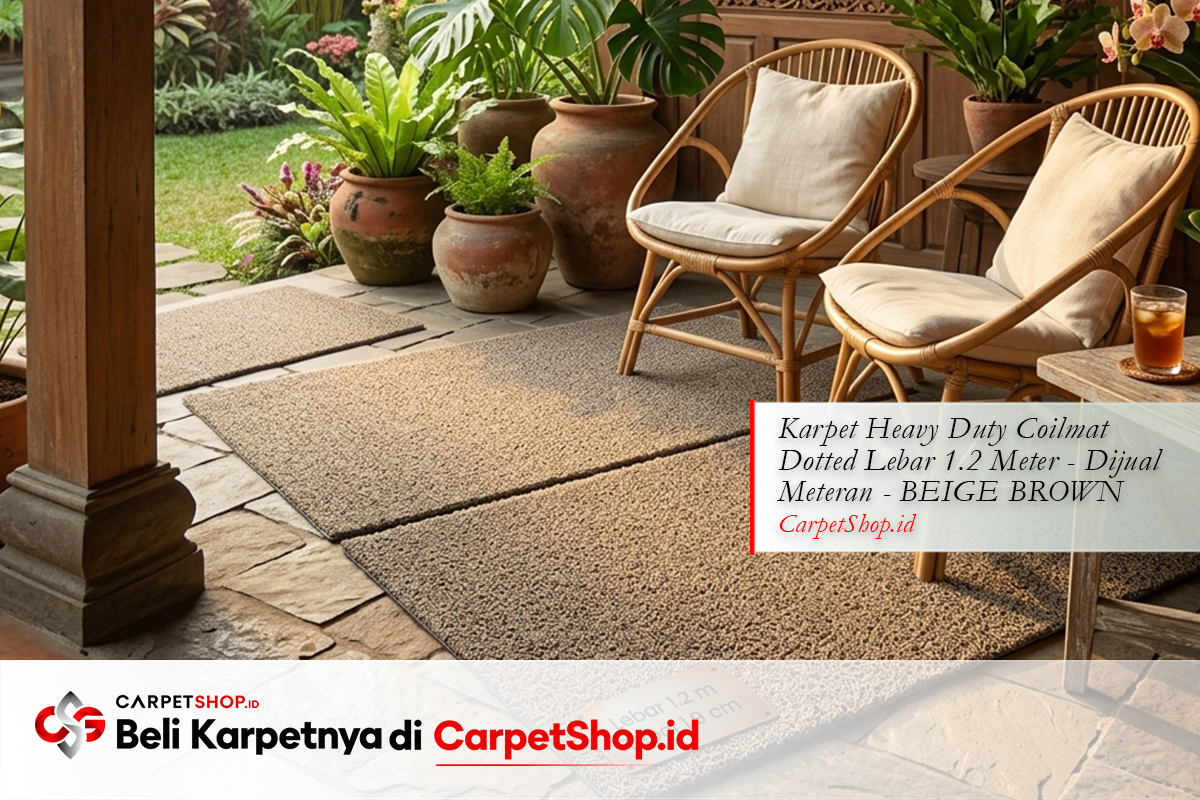 Karpet coklat natural outdoor teras dengan Karpet Heavy Duty Coilmat Dotted Beige Brown