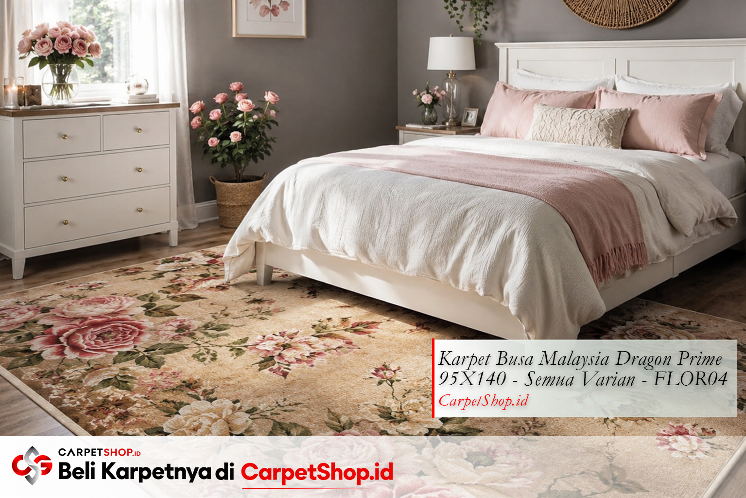 Kombinasi karpet bunga dengan dinding abu menggunakan Karpet Dragon Prime 95X140 FLOR04