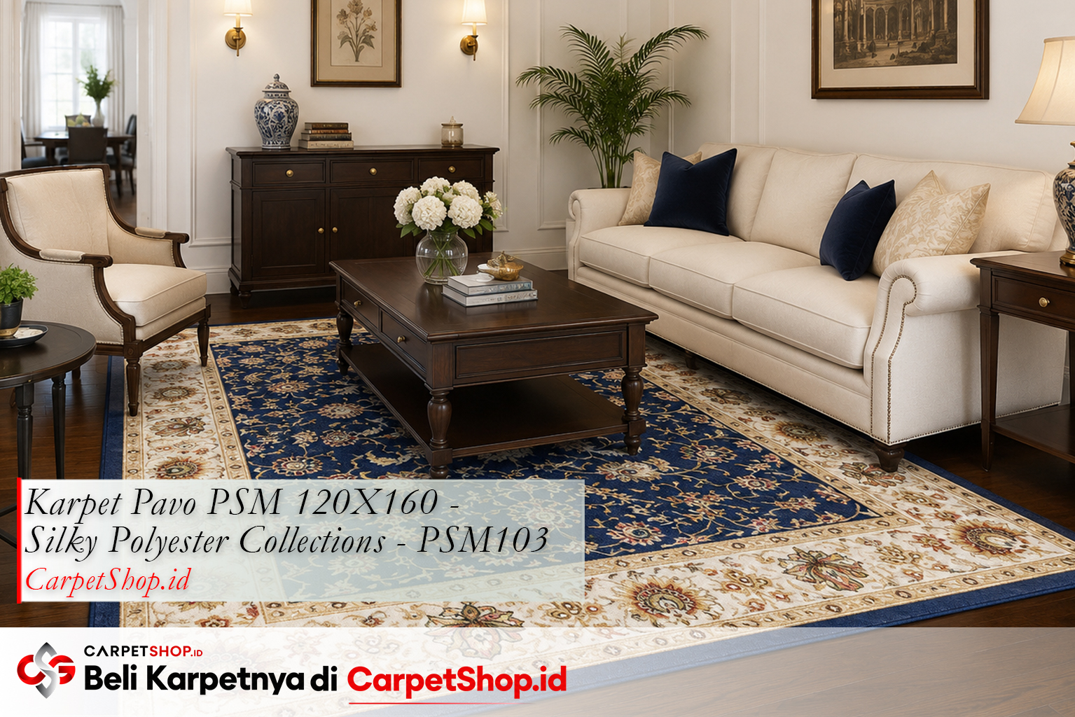 Kombinasi karpet Persian biru dengan dinding putih menggunakan Karpet Pavo PSM 120X160 Silky Polyester PSM103