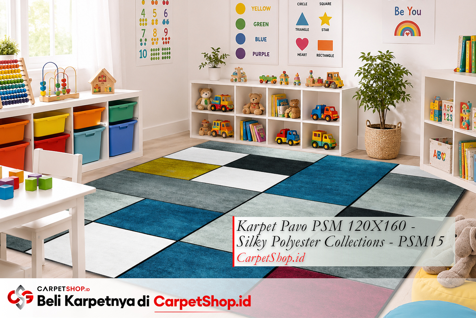 Karpet geometrik block warna untuk ruang anak, Karpet Pavo PSM 120X160 Silky Polyester PSM15