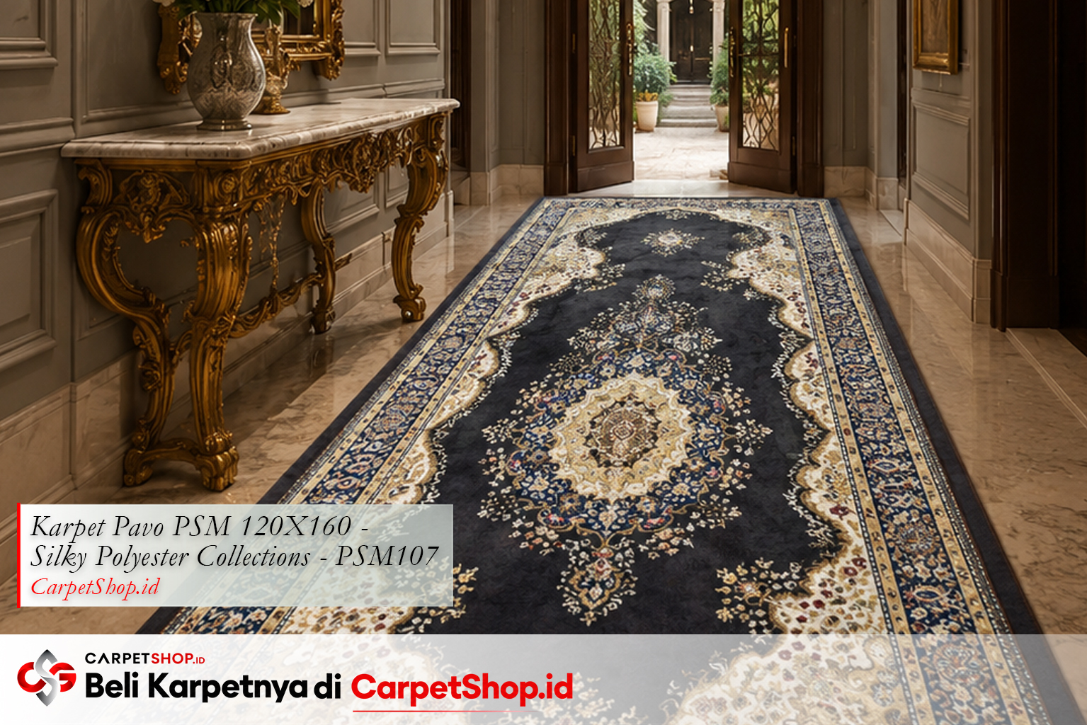Karpet motif Persian dark elegan untuk foyer mewah, Karpet Pavo PSM 120X160 Silky Polyester PSM107