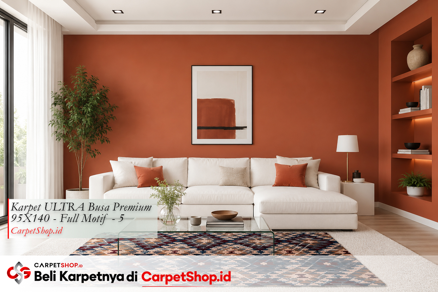 Kombinasi karpet putih kontras dengan dinding terracotta menggunakan Karpet ULTRA Busa Premium 95X140 Full Motif 5