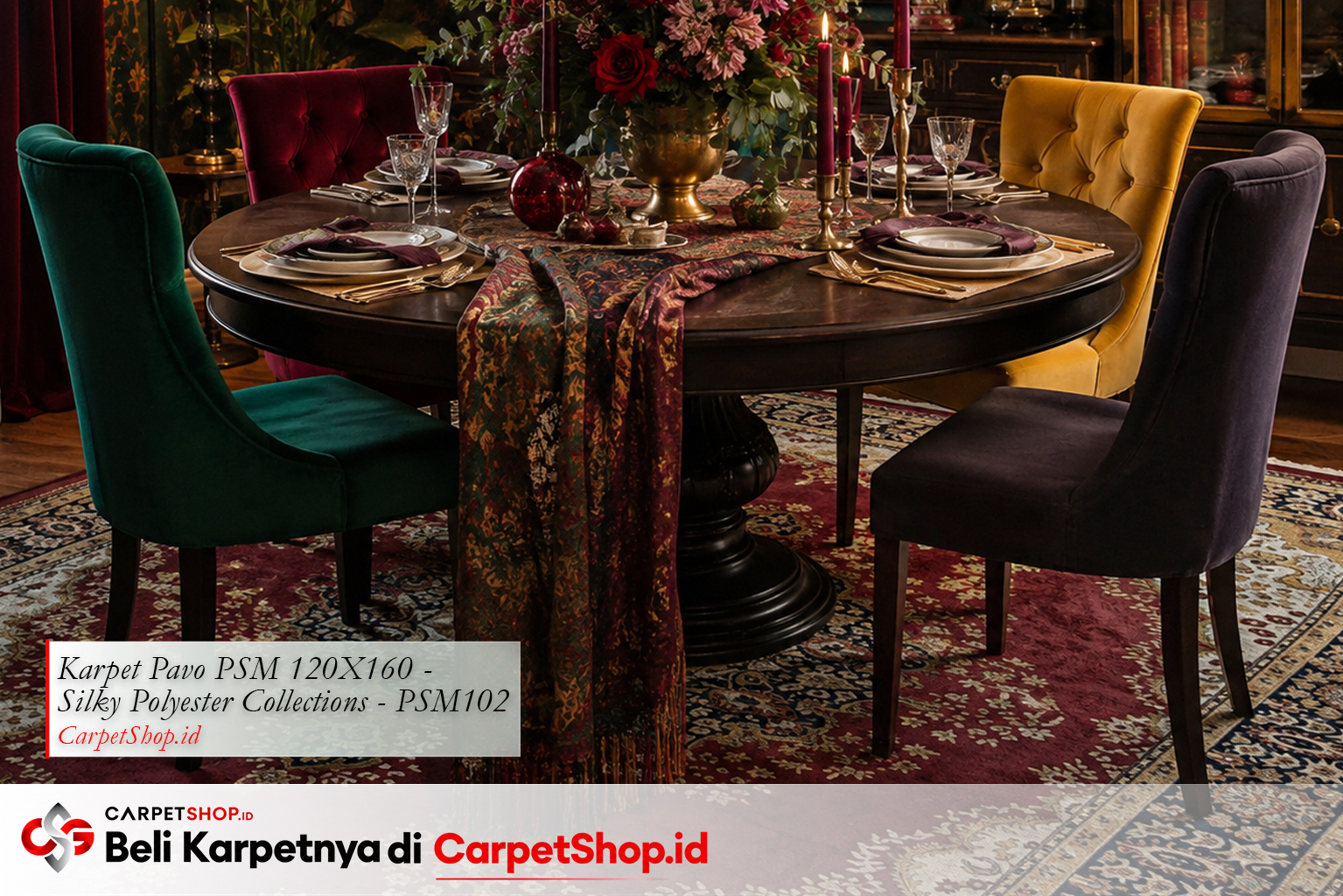 Ruang makan maximalist Persian merah dengan Karpet Pavo PSM 120X160 Silky Polyester PSM102