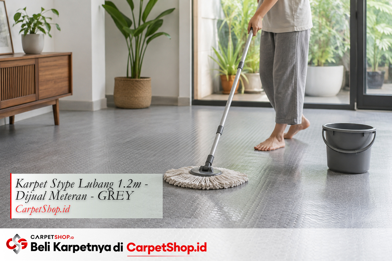 Perawatan mudah karpet PVC Vinyl cukup dipel — Karpet Stype Lubang 1.2m Warna Grey sebagai alternatif