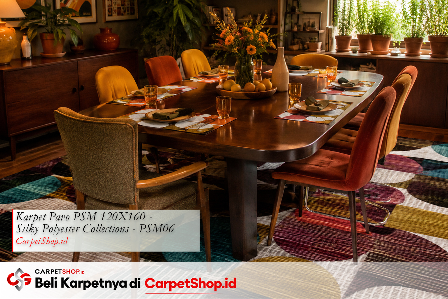 Ruang makan desain interior Retro 70s dengan Karpet Pavo PSM 120X160 Silky Polyester PSM06