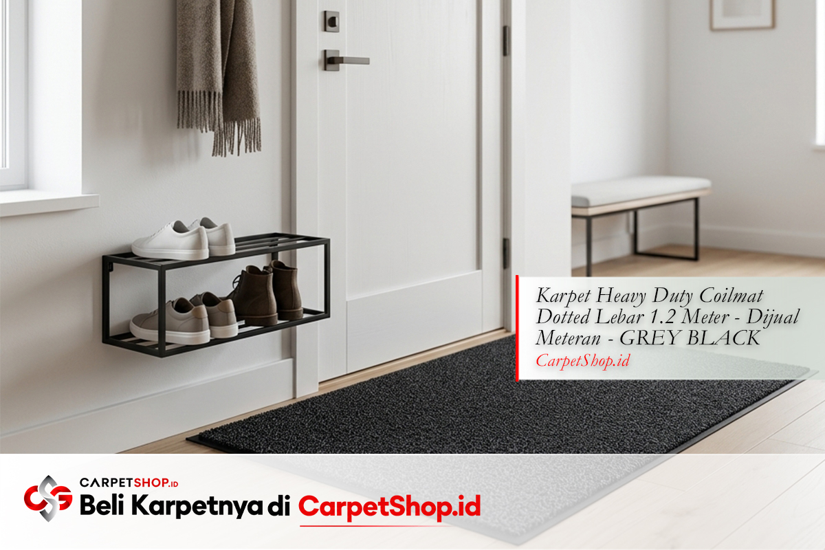 Keset foyer mini studio apartment dengan Karpet Heavy Duty Coilmat Dotted Grey Black