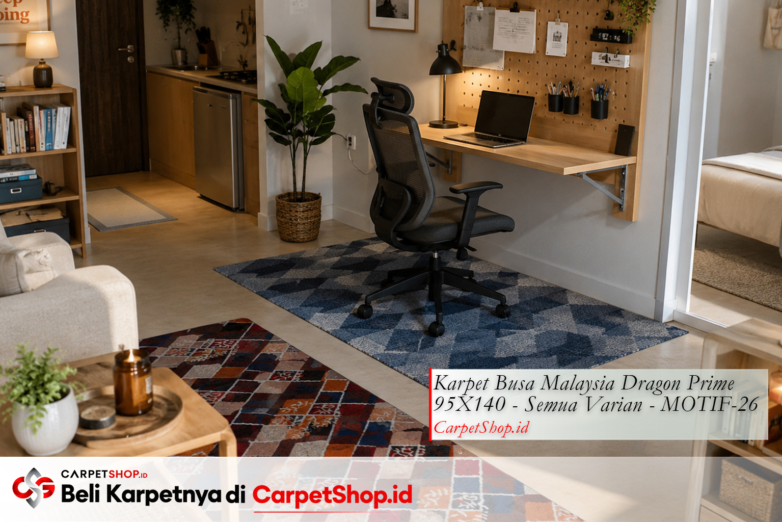 Zona kerja dalam apartemen studio dengan Karpet Dragon Prime 95X140 MOTIF-26 sebagai zone definer