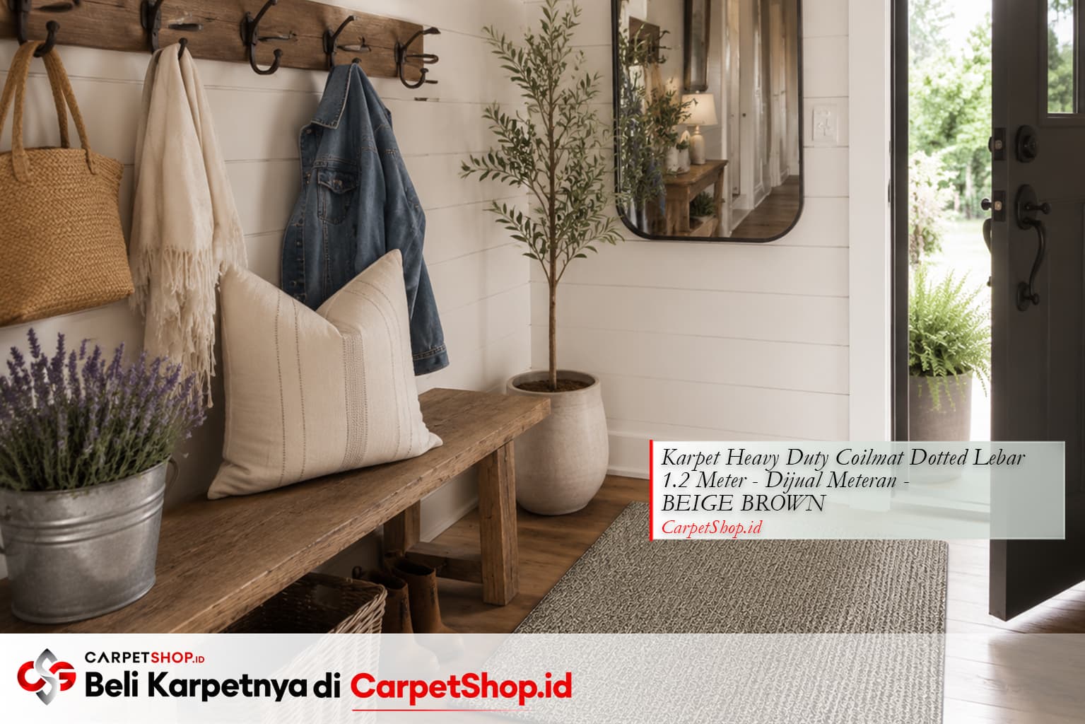 Foyer Farmhouse Modern dengan Karpet Heavy Duty Coilmat Beige Brown