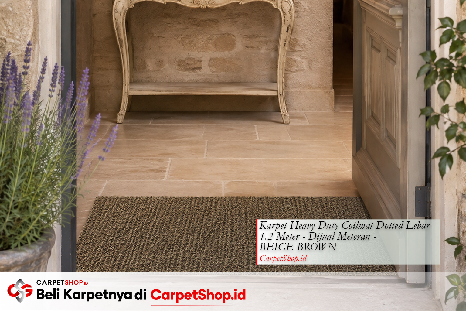 Foyer desain interior French Country elegan dengan Karpet Heavy Duty Coilmat Dotted Beige Brown