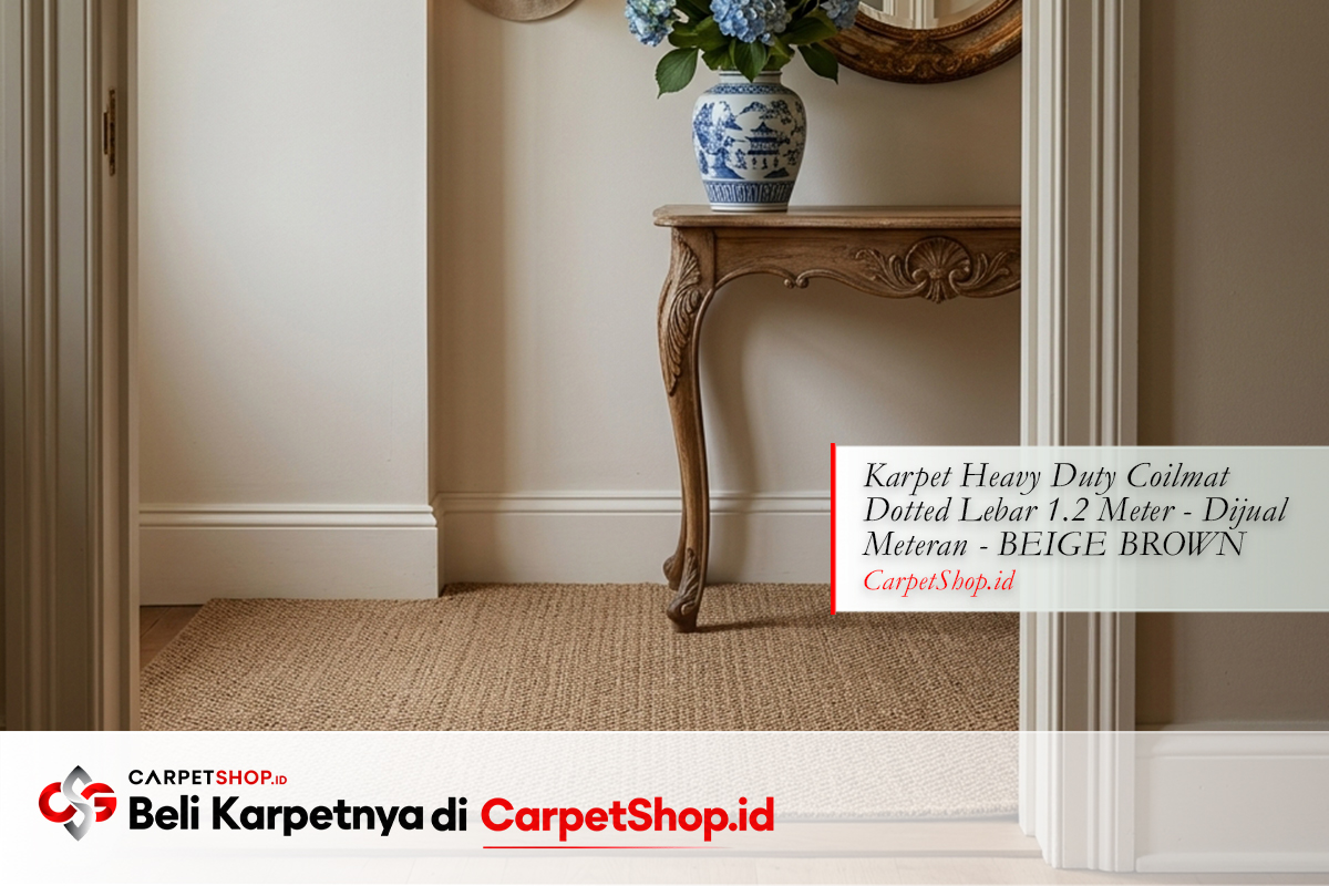 Foyer grandmillennial bercerita dengan Karpet Heavy Duty Coilmat Dotted Beige Brown