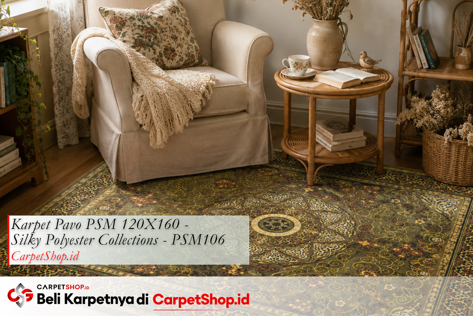 Karpet motif bunga Persian earthy untuk sudut baca Cottagecore, Karpet Pavo PSM 120X160 Silky Polyester PSM106