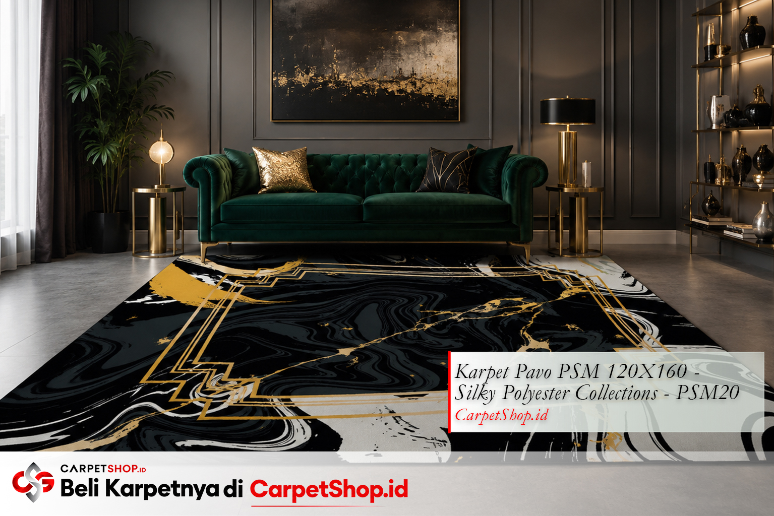 Kombinasi karpet hitam emas dengan dinding abu menggunakan Karpet Pavo PSM 120X160 Silky Polyester PSM20
