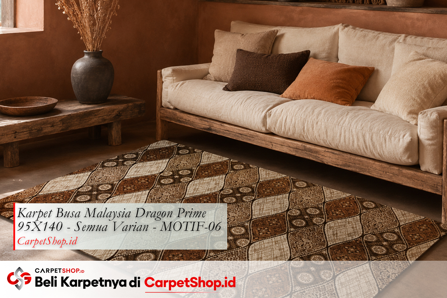 Kombinasi karpet earth tone dengan dinding terracotta menggunakan Karpet Dragon Prime 95X140 MOTIF-06