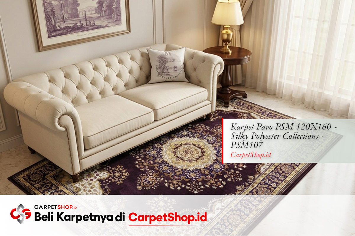 Karpet warna ungu ornamental dengan sofa krem elegan menggunakan Karpet Pavo PSM 120X160 Silky Polyester PSM107