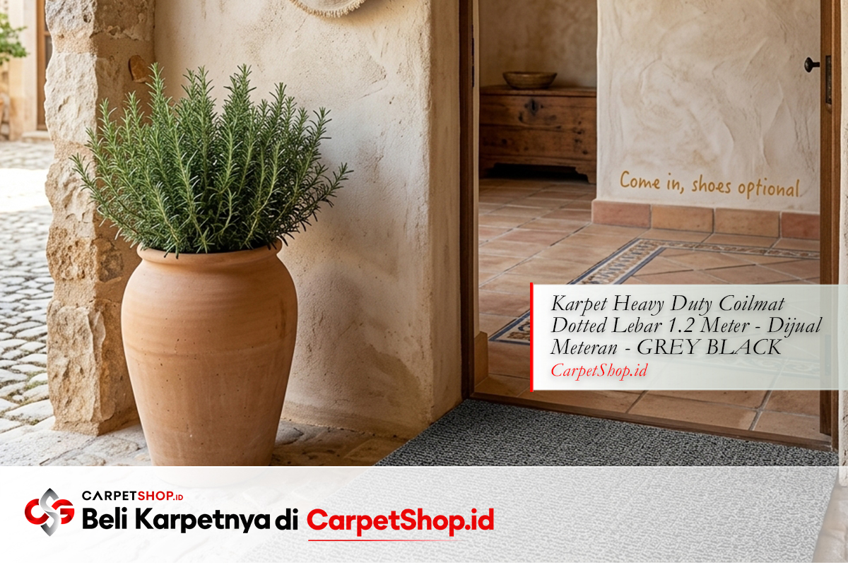 Foyer desain interior Mediterranean stone natural dengan Karpet Heavy Duty Coilmat Dotted Grey Black